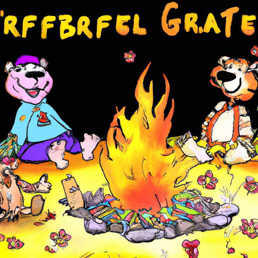 Grateful Dead dancing bears, Winnie the Pooh and tigger sitting around a campfire.  cartoon animation