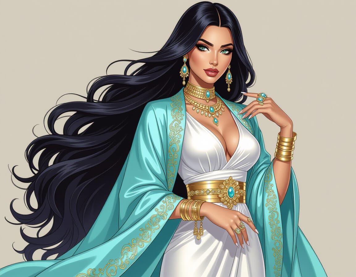 DC Comic Arabin Female in Blue Abaya and Gold Jewelry