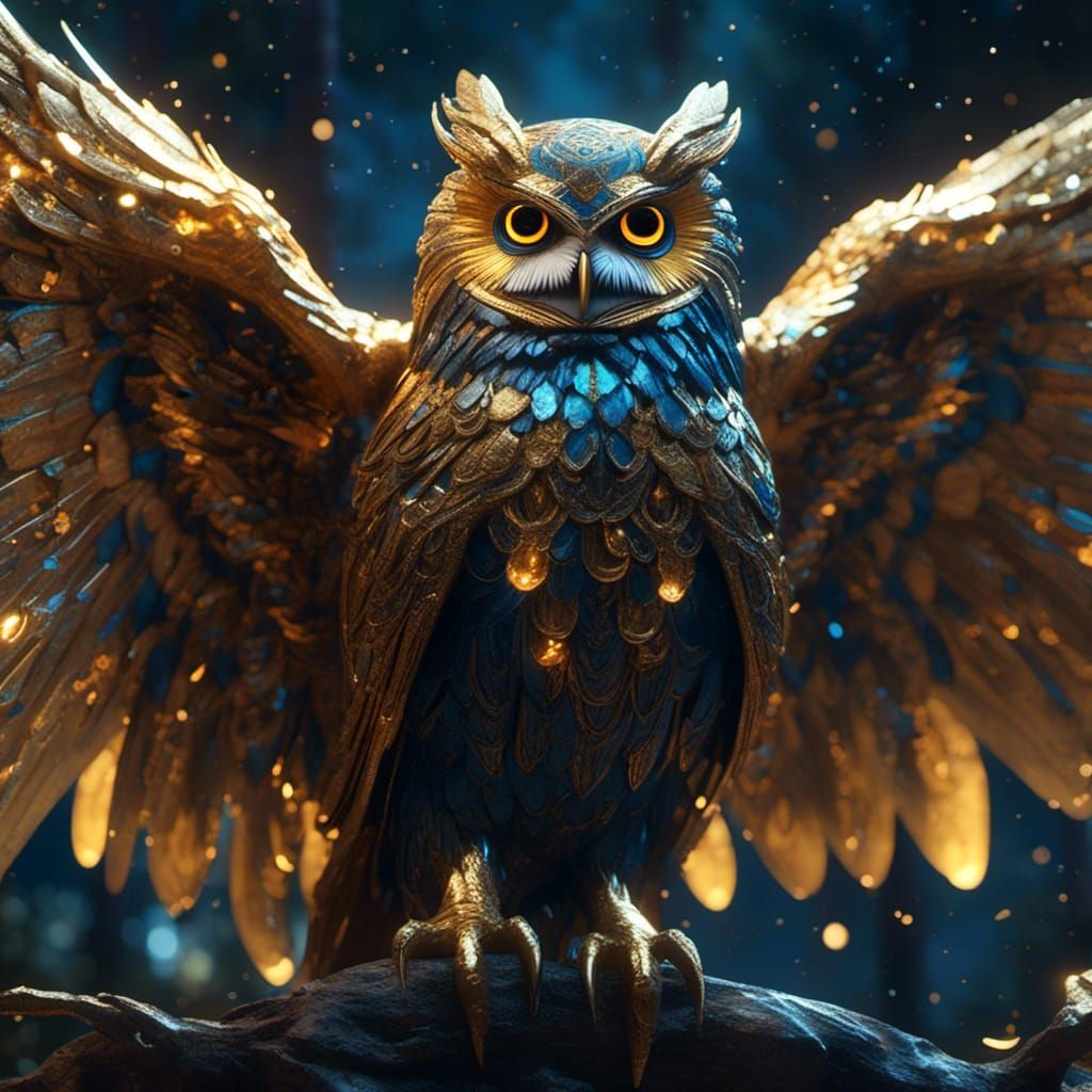 Sparkling Golden Owl in Mystical Moonlight