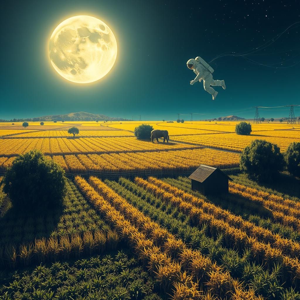 Astronaut Over Farmland in Cosmic Illustration