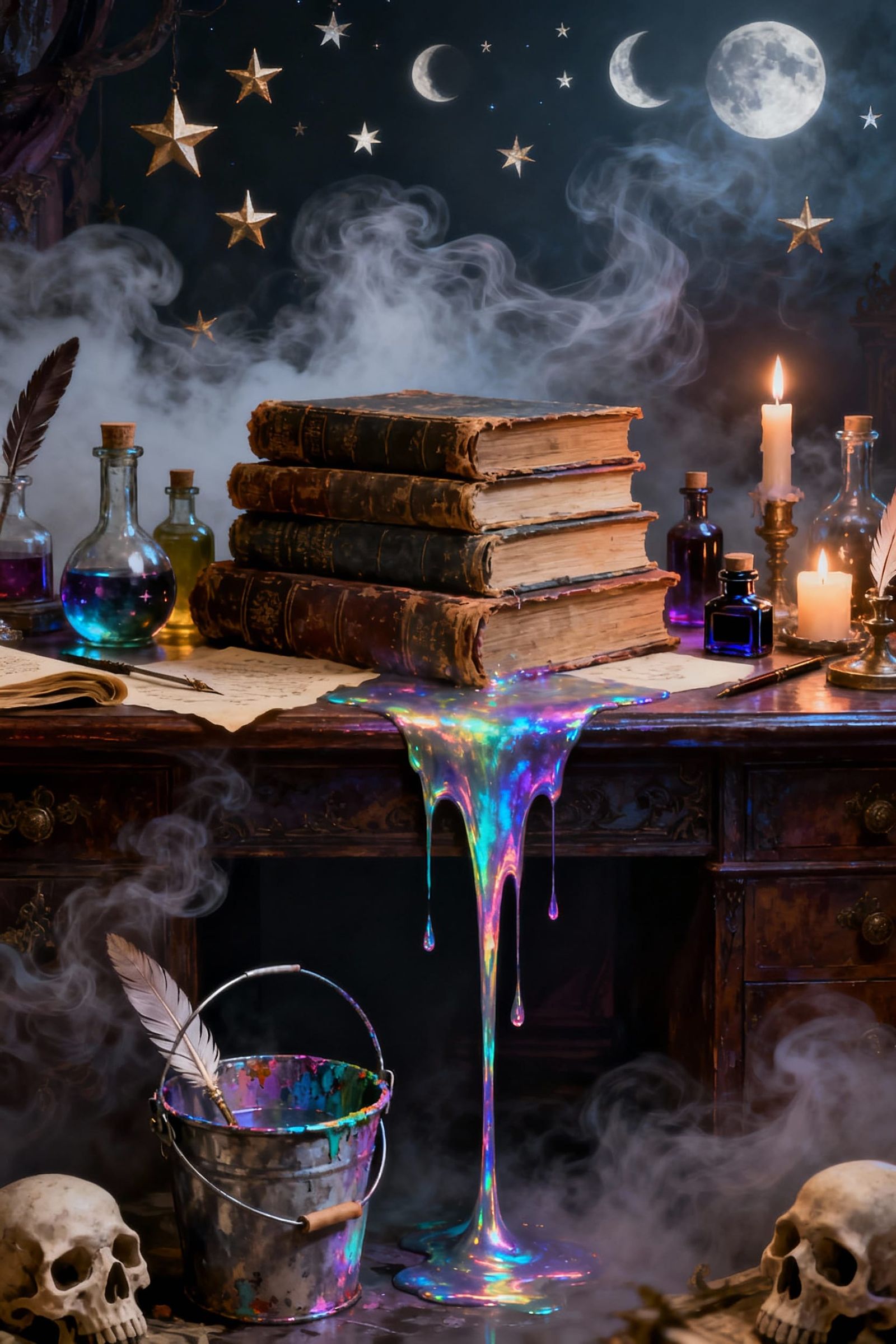Iridescent Paint Falls on Gothic Desk with Books & Candles