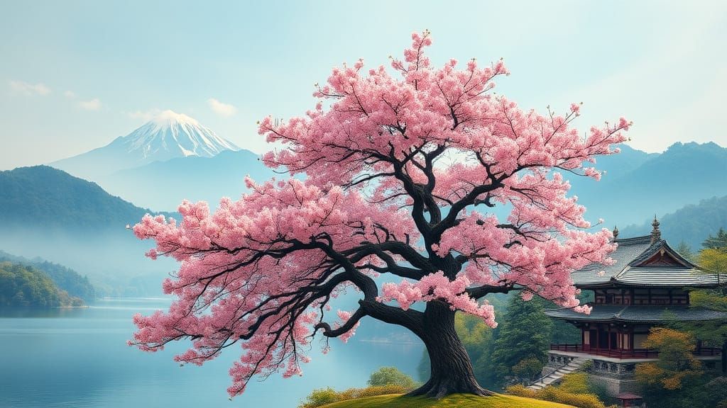 A beautiful ancient sakura tree in front of a lake. Mountain...