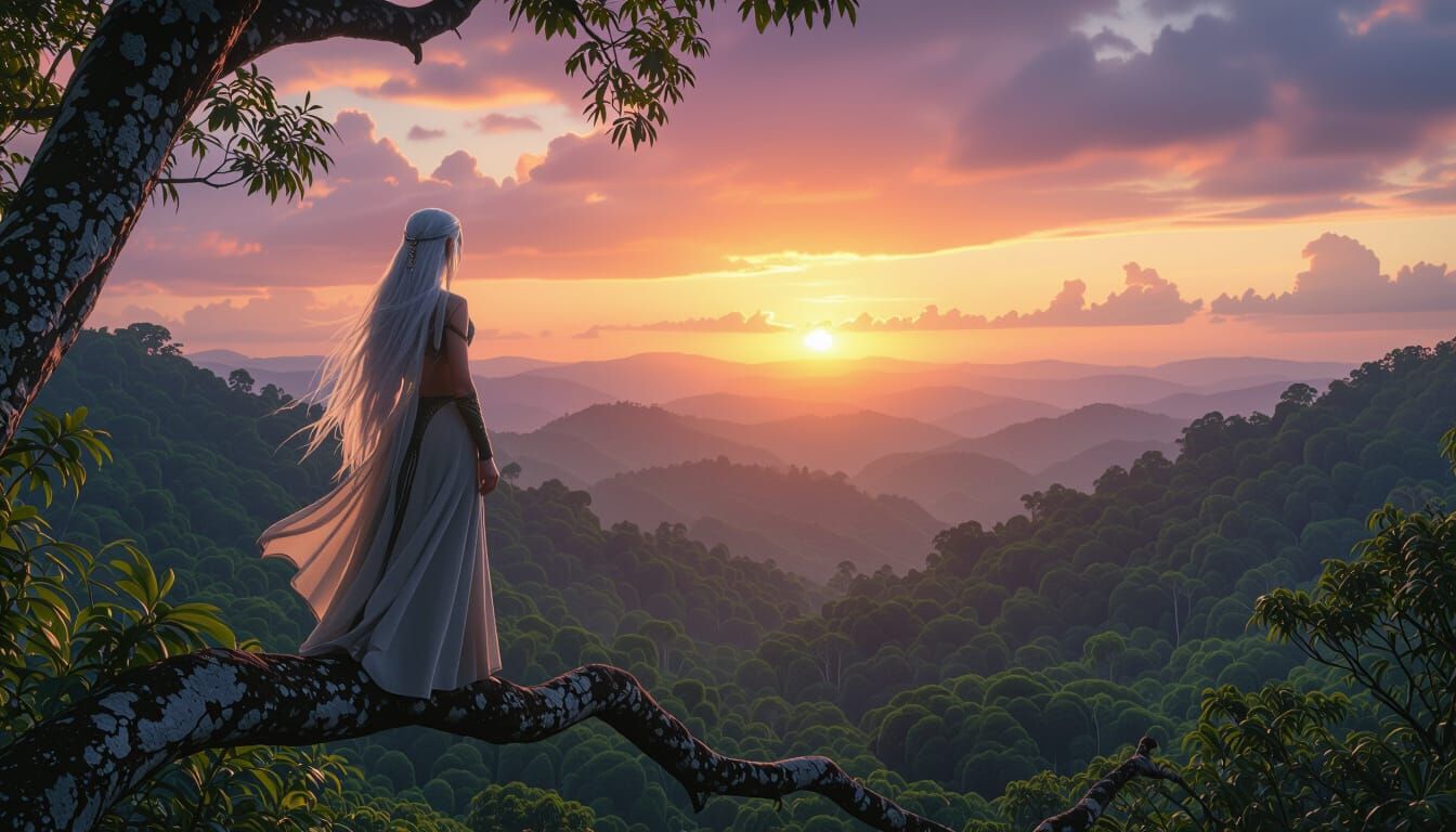 Elf Woman on Tree Branch at Sunset Rainforest