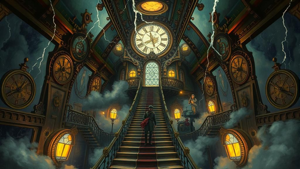 Steampunk Airship in Thunderstorm, Gouache Style