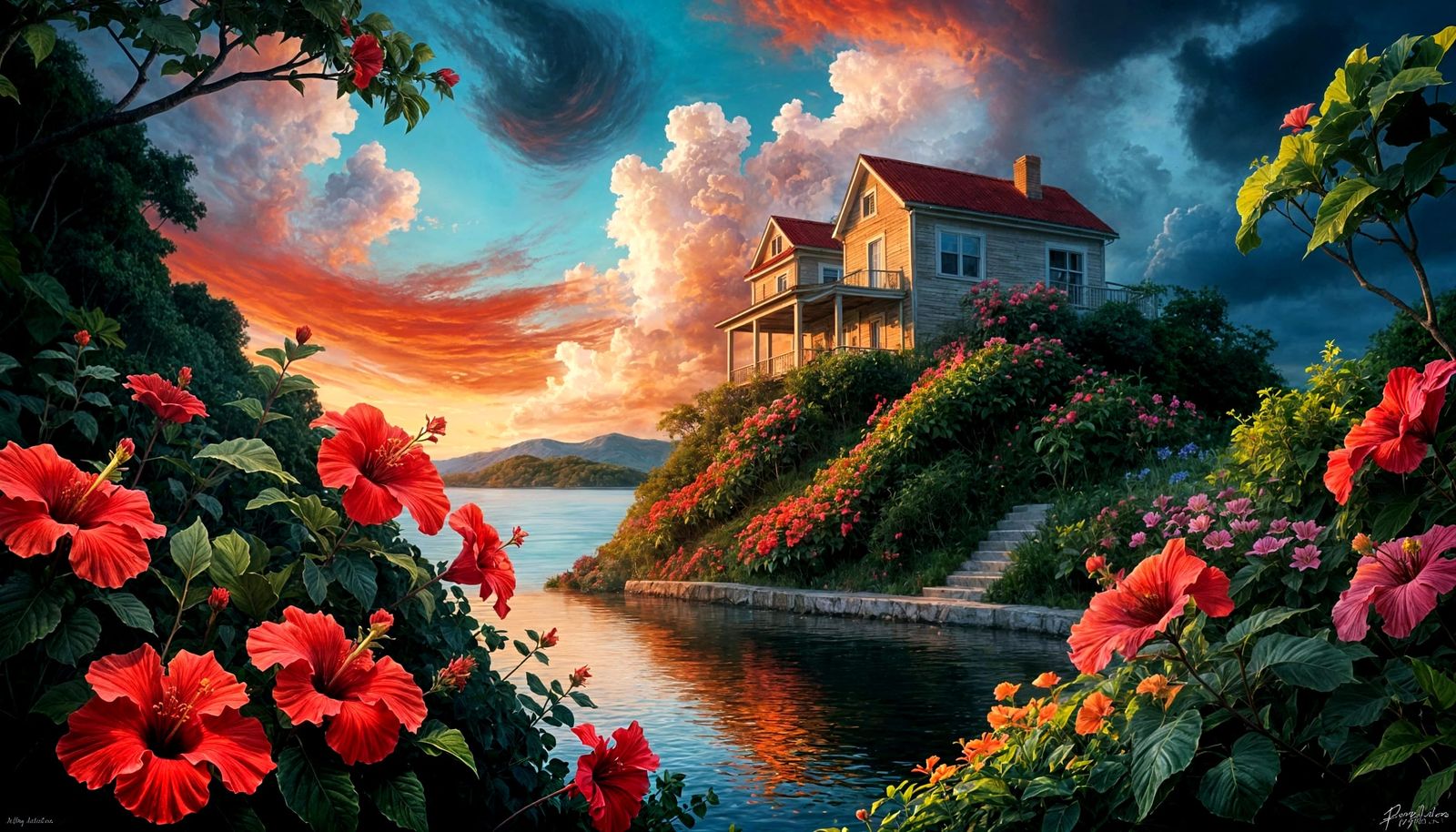 Fantastical Landscape with Hibiscus Flower in Digital Painti...