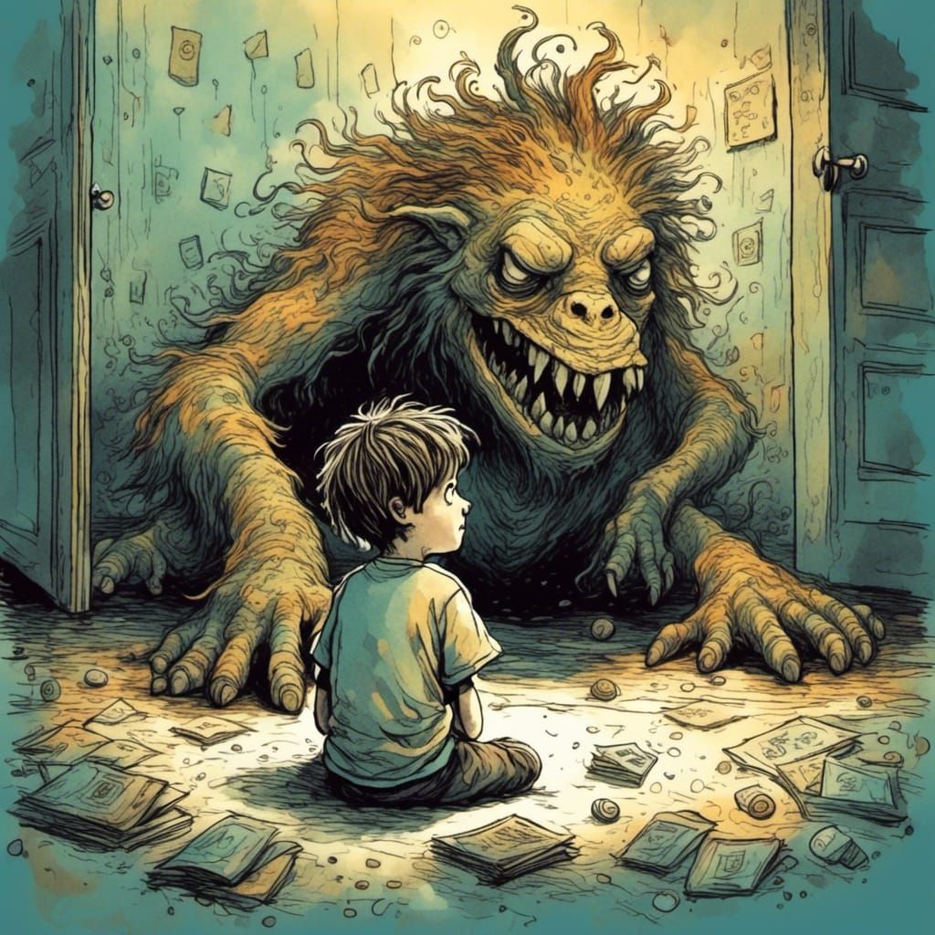 <lora:SybilThorn-LORA2:1.0> a little boy making friends with the monster under his bed