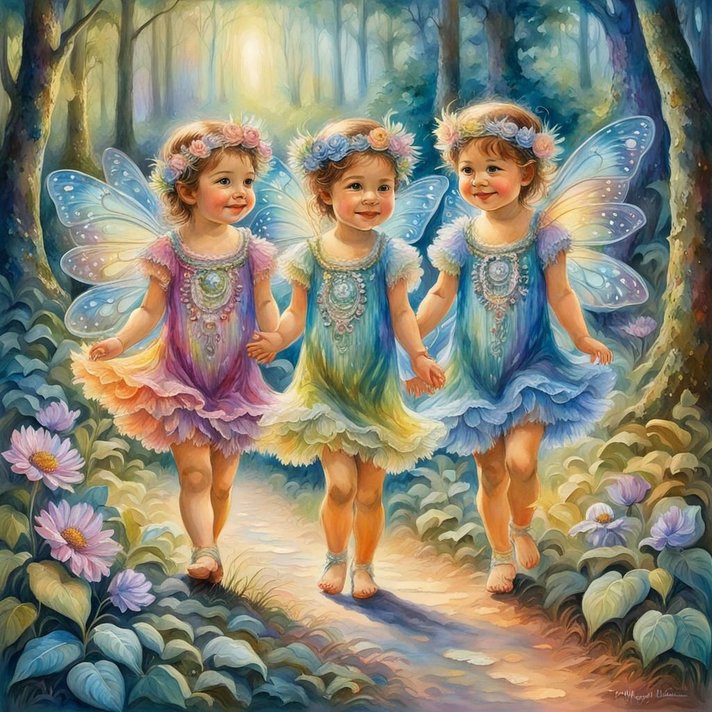 Cute Fairy Girls in Forest, Impressionist Gouache