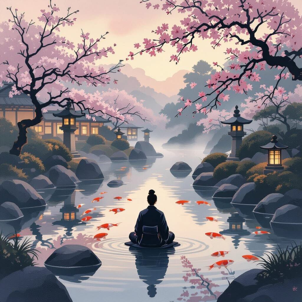 Tranquil Japanese Garden at Dawn with Meditating Figure