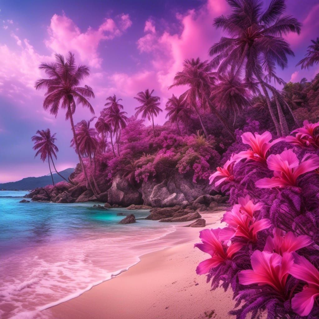 Hyperrealistic Tropical Beach with Pink and Purple Flora