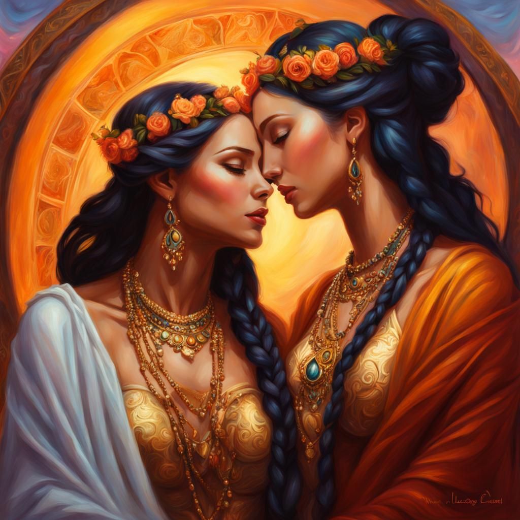 Loving Lesbian Goddesses in Oil Paint Style