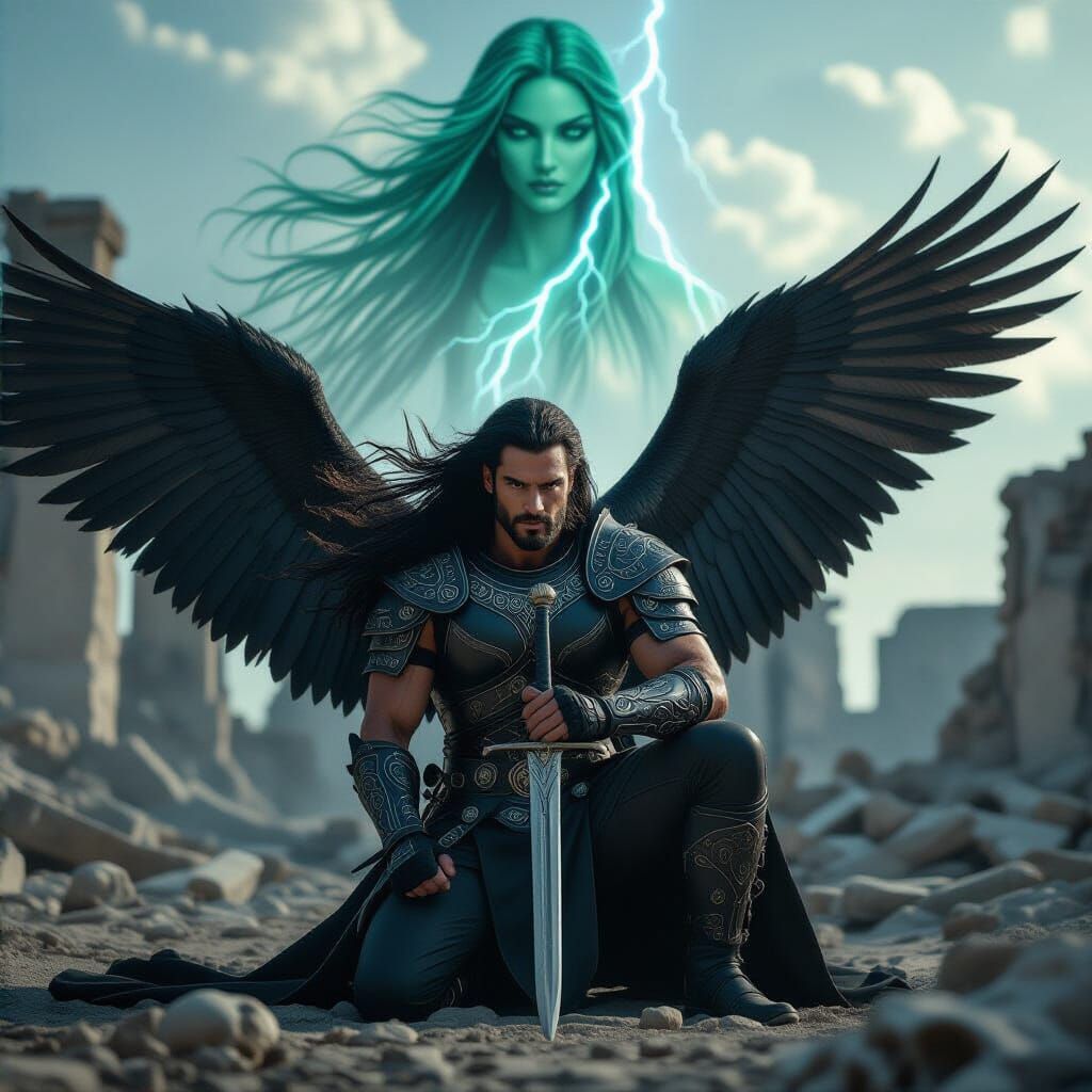 Epic Warrior Kneeling Before a Goddess