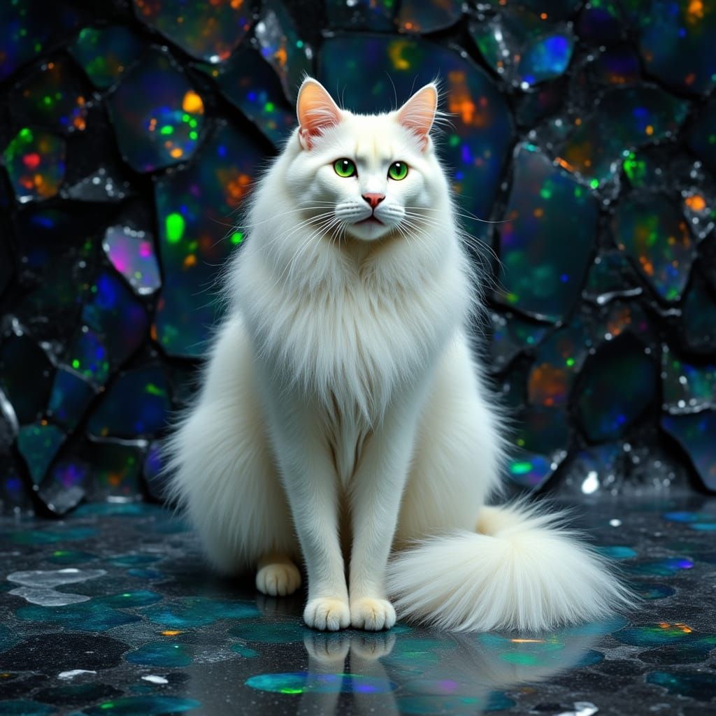 A floor and walls made entirely from black opal with a Long haired white cat with green eyes. <lora:Archetypal Images:1....