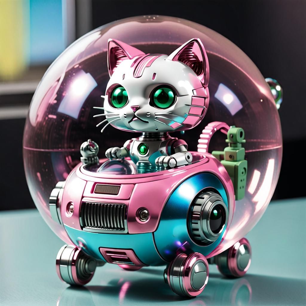 Solarpunk Robot Cat in Bobblehead Bubble Car