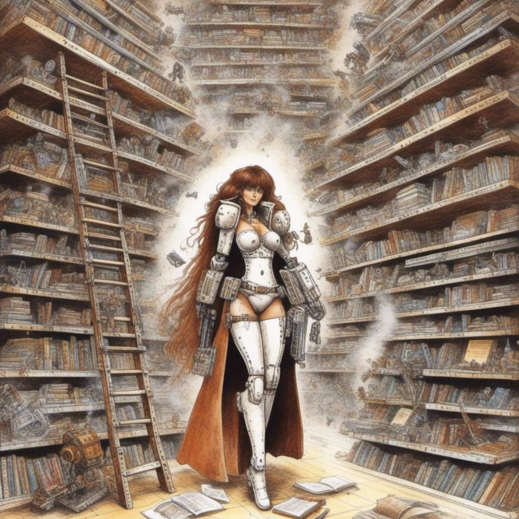 Futuristic Librarian in Grimdark Library