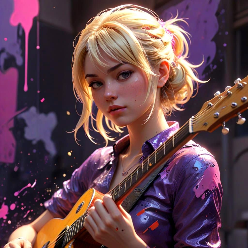 Girl with Guitar in Vibrant Graffiti Art