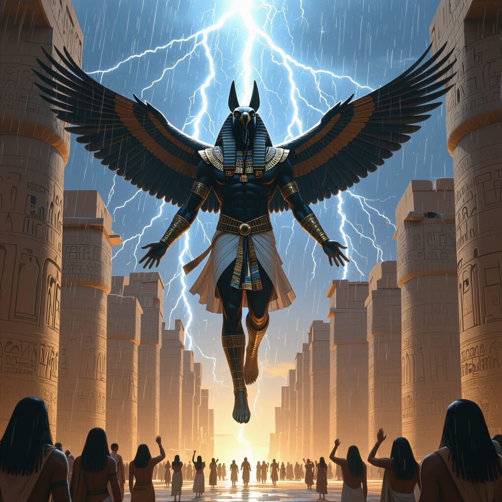 Horus Soaring Above Karnak Temple in Thunderstorm