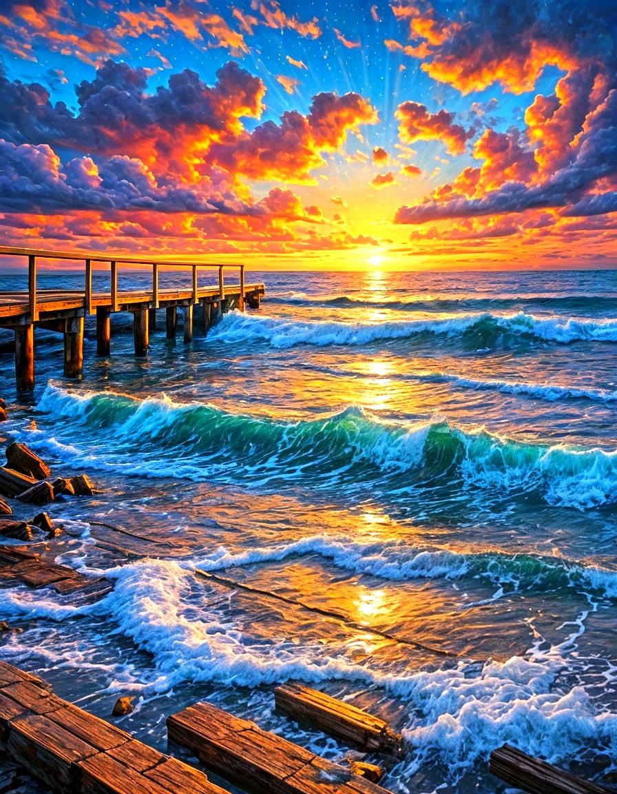 Colorful Sunset Over Rocky Shoreline in Graffiti Art Style