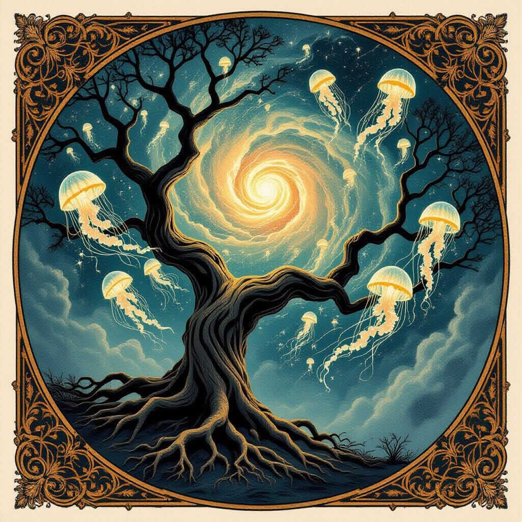 Cosmic Tree with Jellyfish in Nebula