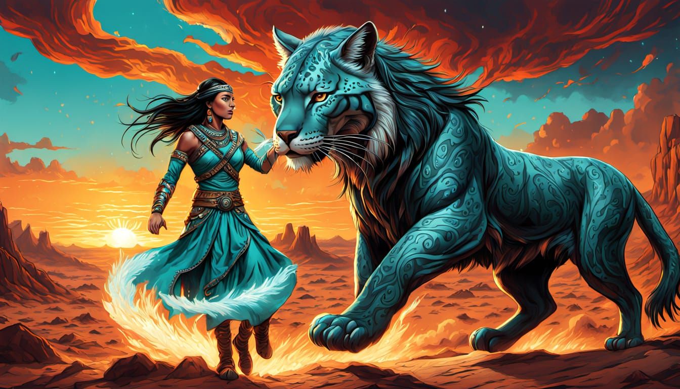 Native American Warrior with Puma in Turquoise Flames
