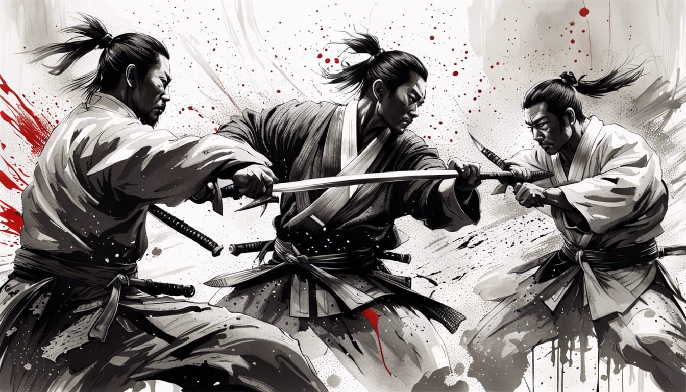 Samurai Swordfight in Black and White Ink