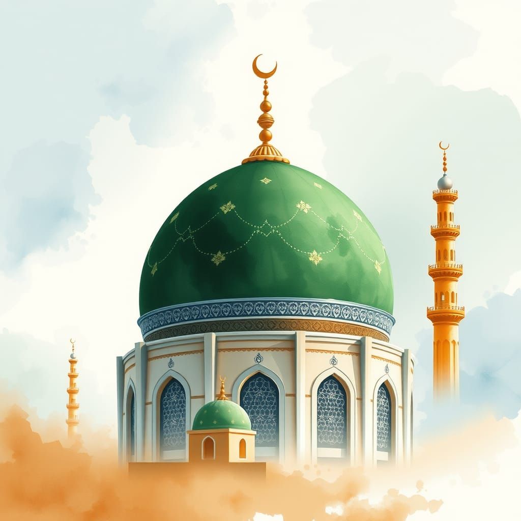 Green Mosque Dome in Watercolor Style