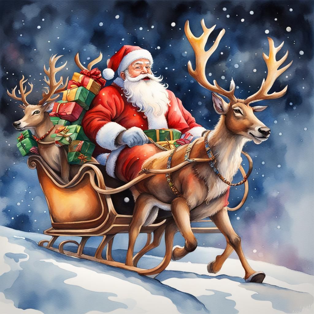 Santa's Sleigh in Night Sky, Watercolor Art