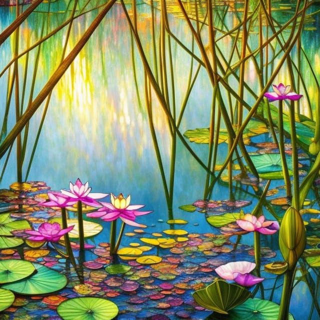 Stained Glass Lotus Lake Landscape in Digital Art