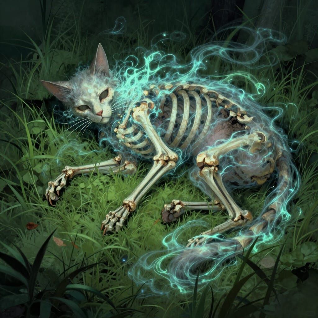 Skeletal Cat with Soul Energy in Dark Fantasy Style