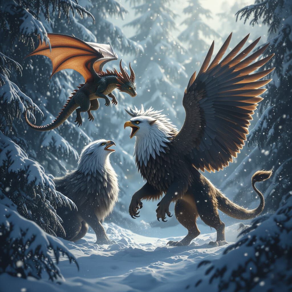 Dragon Attacks Gryphon in Snowy Forest