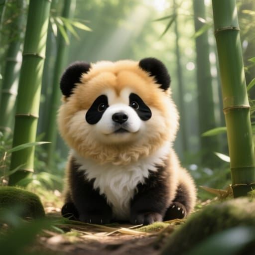 Chow Chow Dog Disguised as Panda in Bamboo Forest