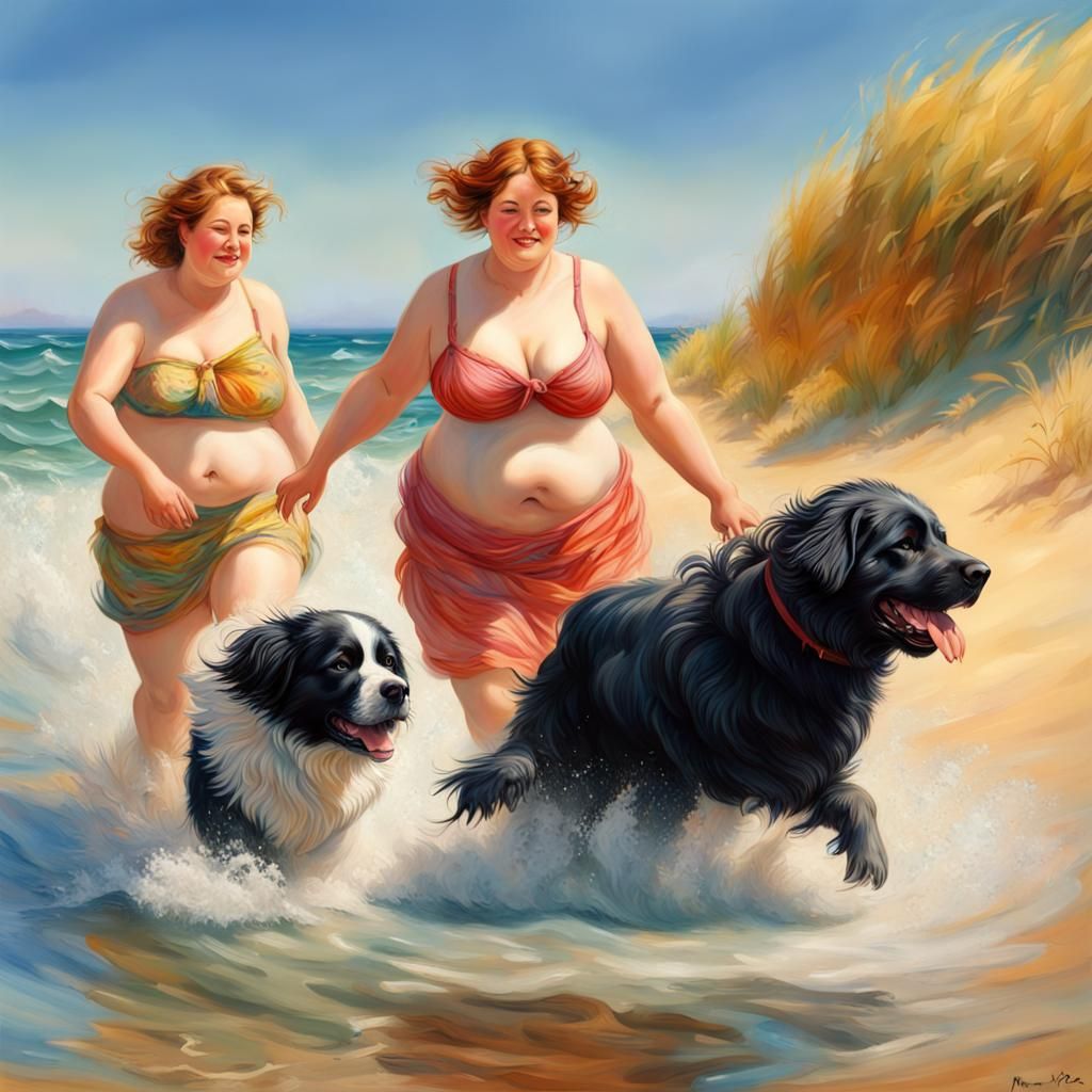 Two beautiful woman bathing in the sea, a newfoundland dog runs next to them.