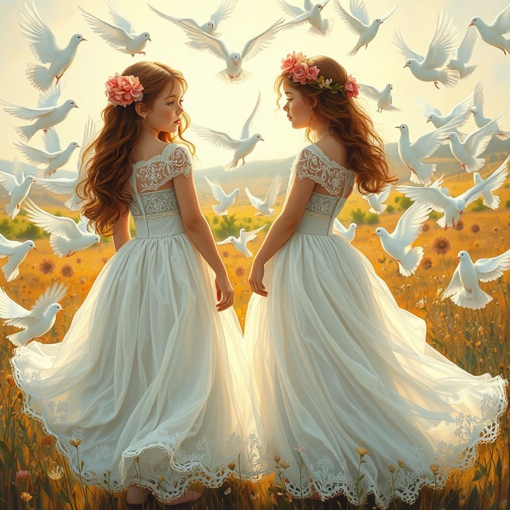 Dreamy Girls Surrounded by Doves in a Serene Landscape