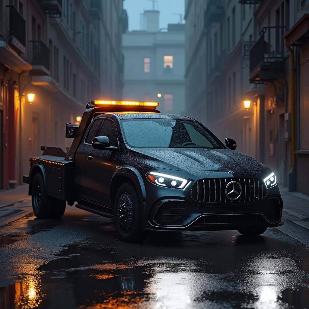 Tow Truck Hooks Up Mercedes in Sci-Fi Alley