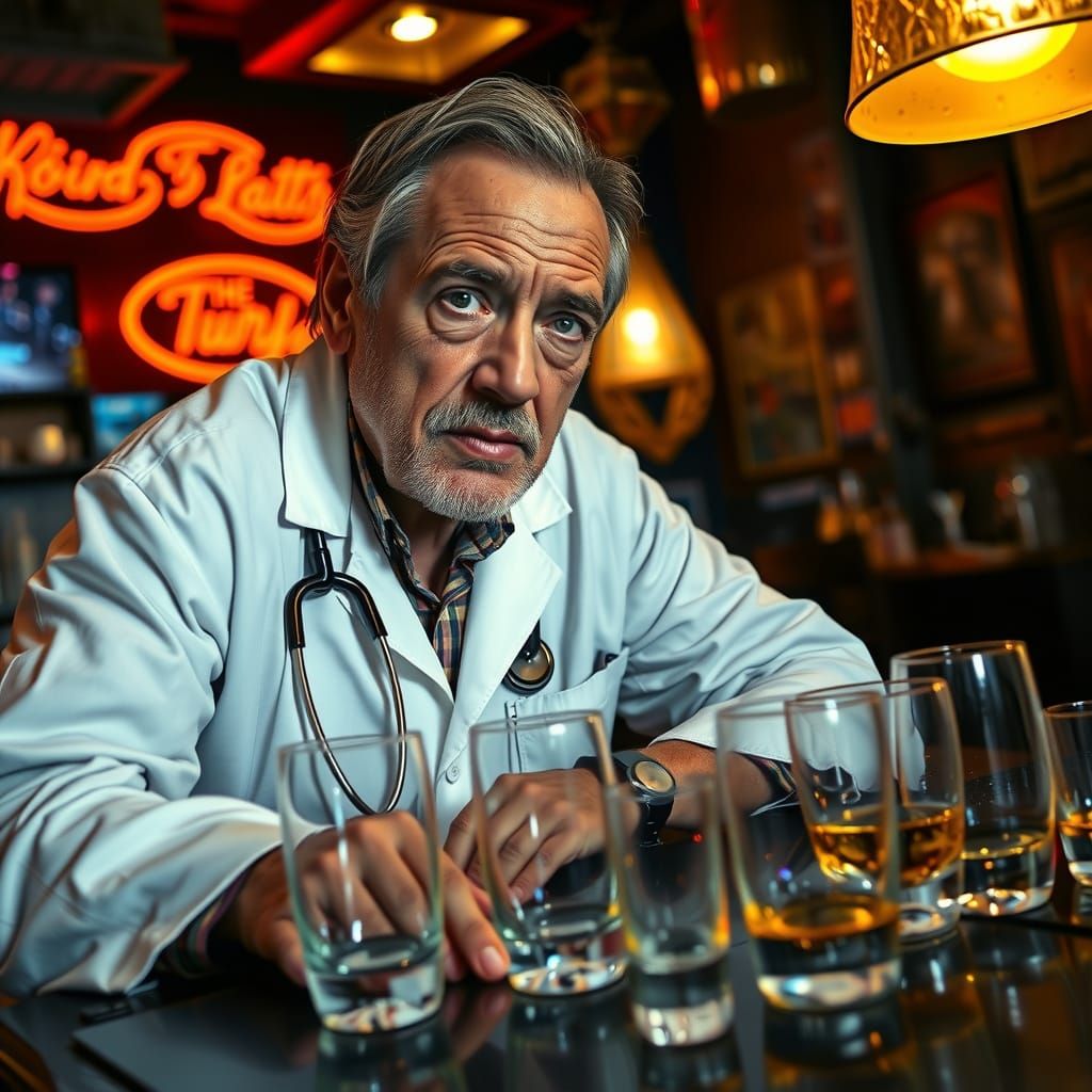 Drunk Doctor in Grungy Bar: Cinematic Gritty Realism