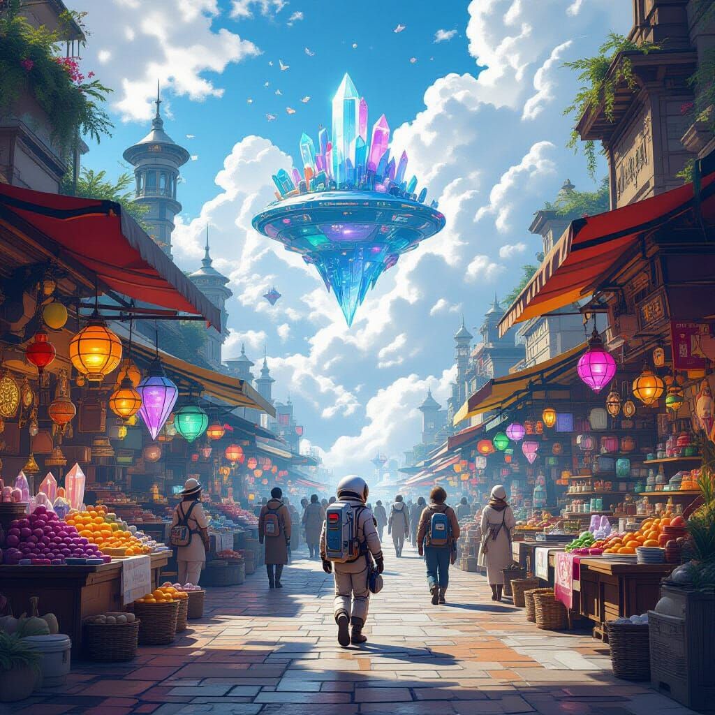Bustling Alien Marketplace on a Floating Island