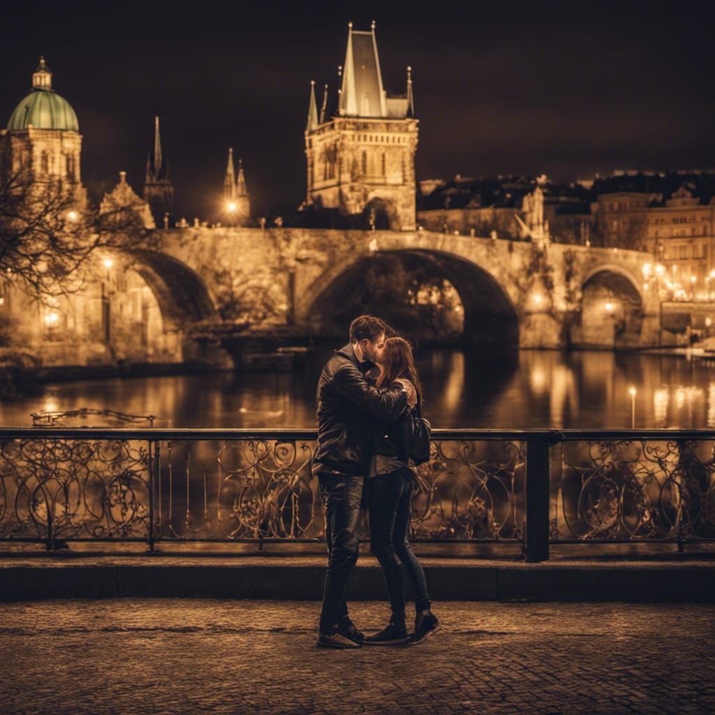 Romantic Kiss on Prague Bridge at Night