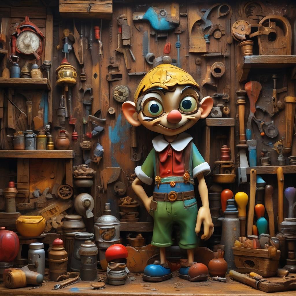 Pinocchio in Gepetto's carpenter's workshop