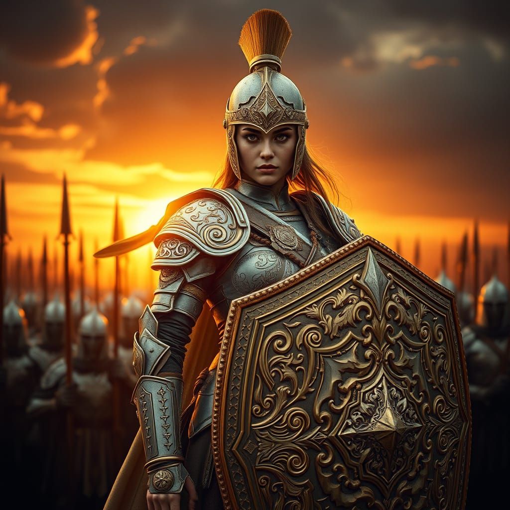 Female Warrior in Regal Armor, Surrounded by Army at Sunset