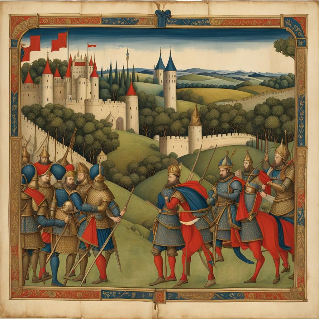 Illuminated Medieval Parchment with Knight and Landscape