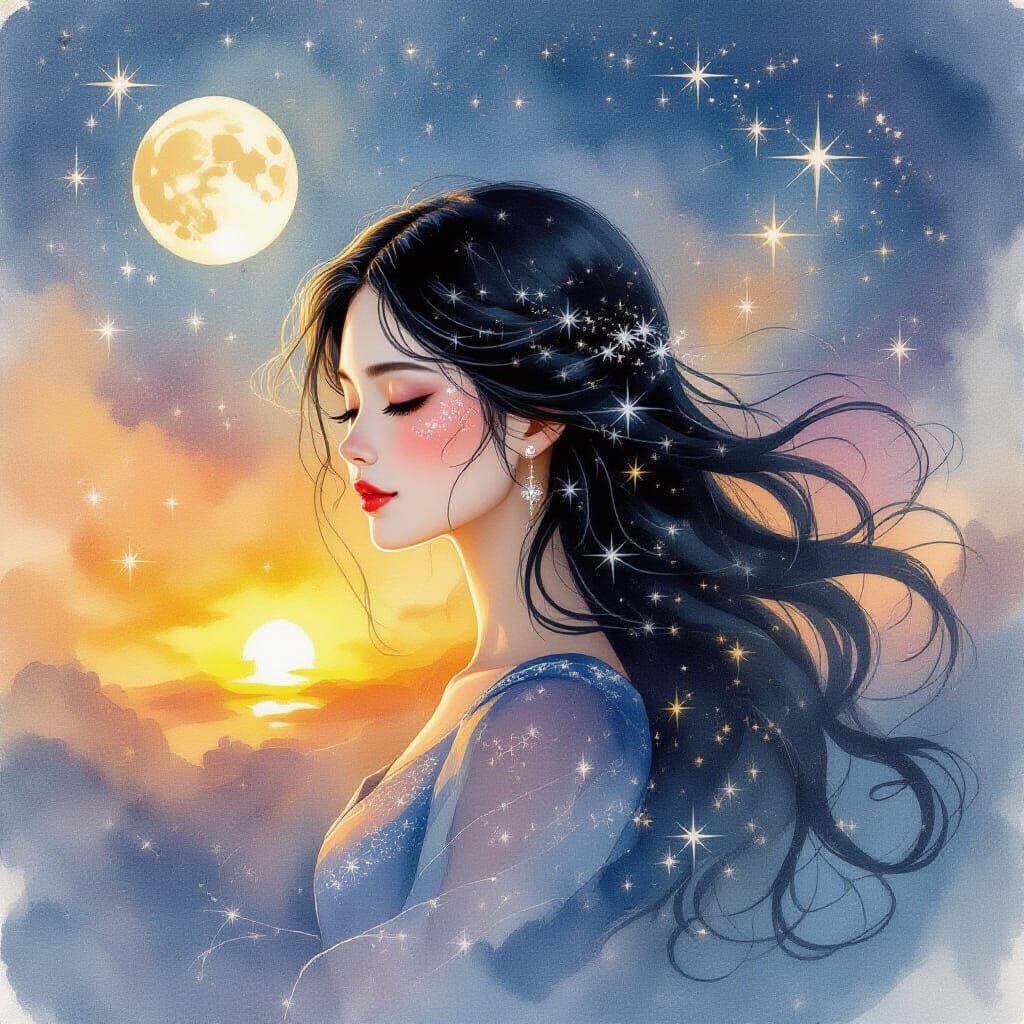 Sunset Goddess of Moondust Watercolor Painting