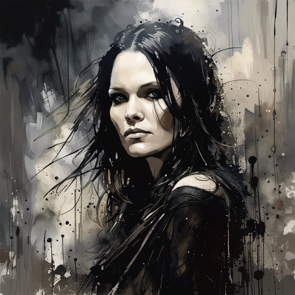 Young Woman Singer on Stage in Ink Drip Style