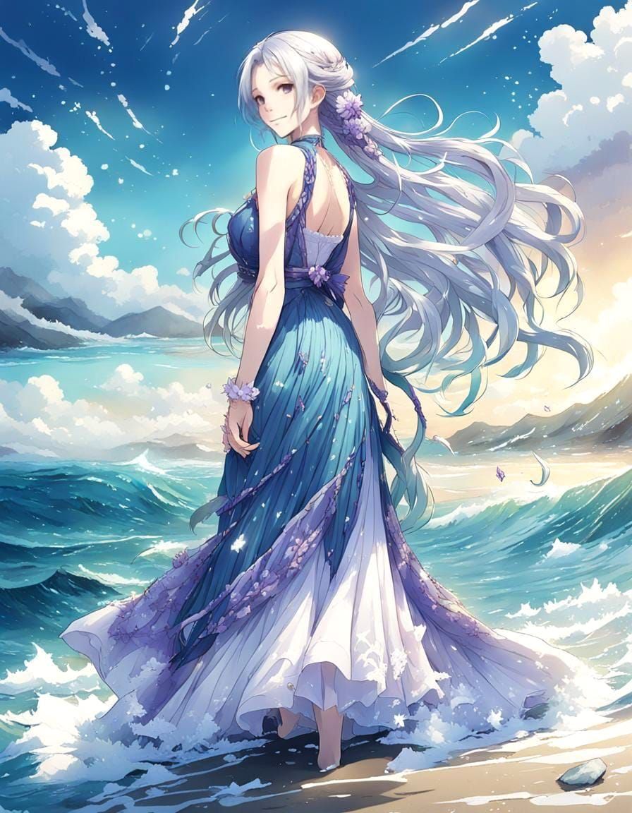 Anime Woman with Braided Hair on Beach