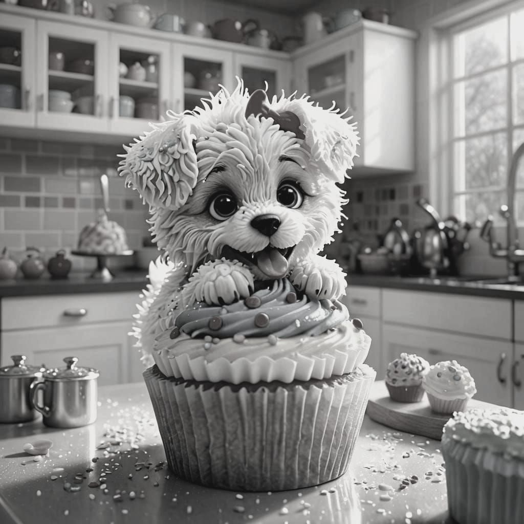 Hyperrealistic CGI Puppy Cupcake in Kitchen