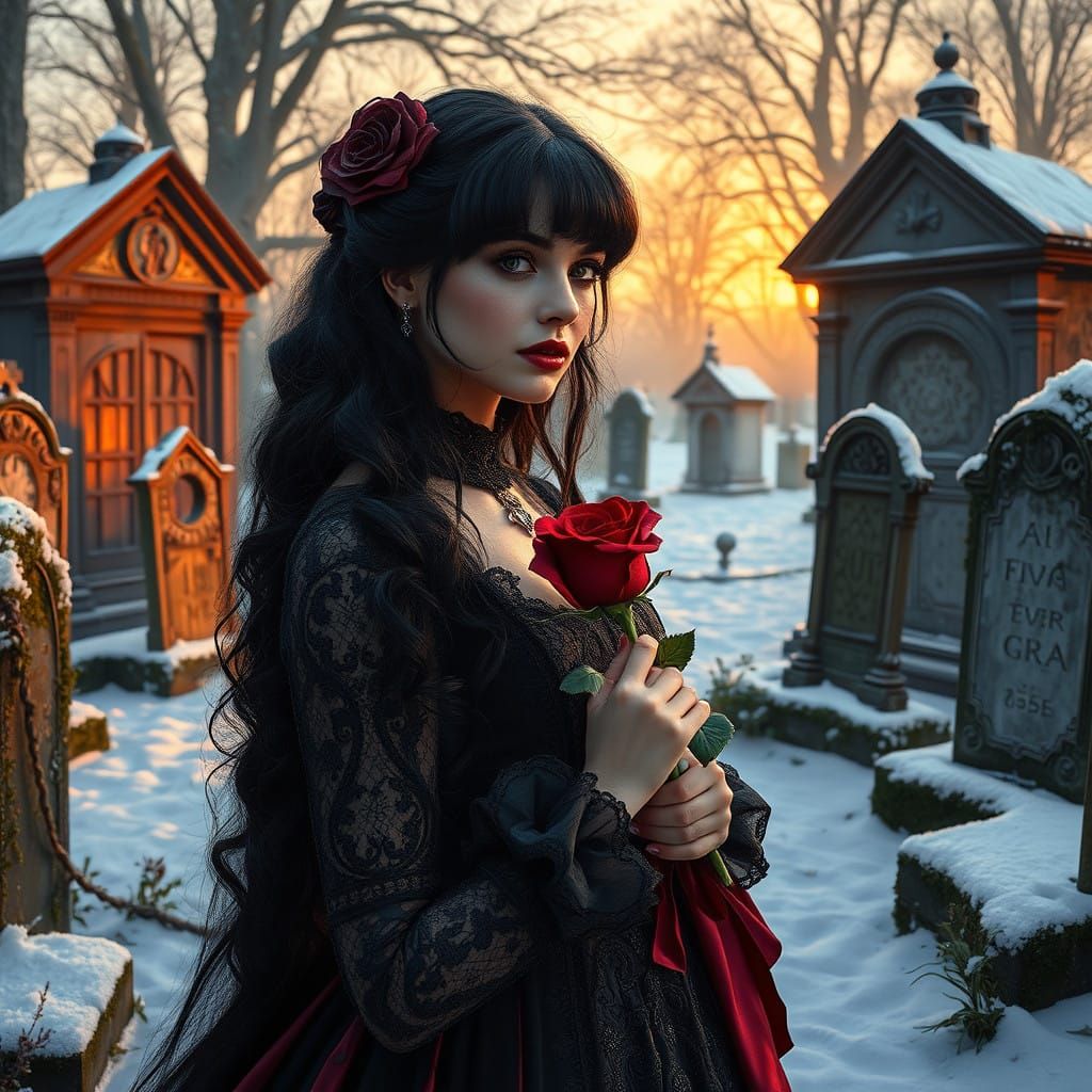 Ethereal Victorian Beauty in a Snow-Shrouded Gothic Cemetery