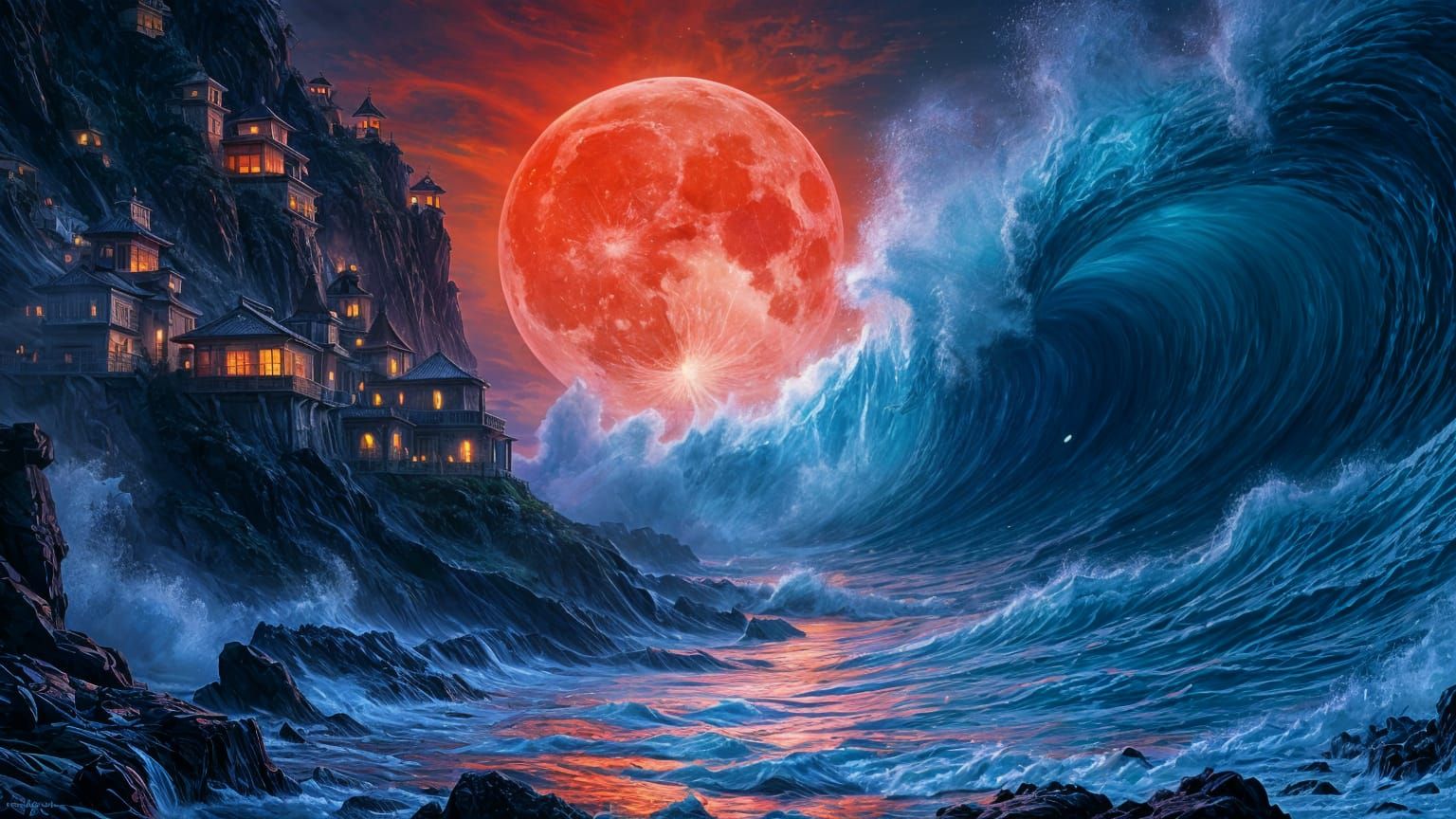 Romantic Coastal City Under Scarlet Moonlight