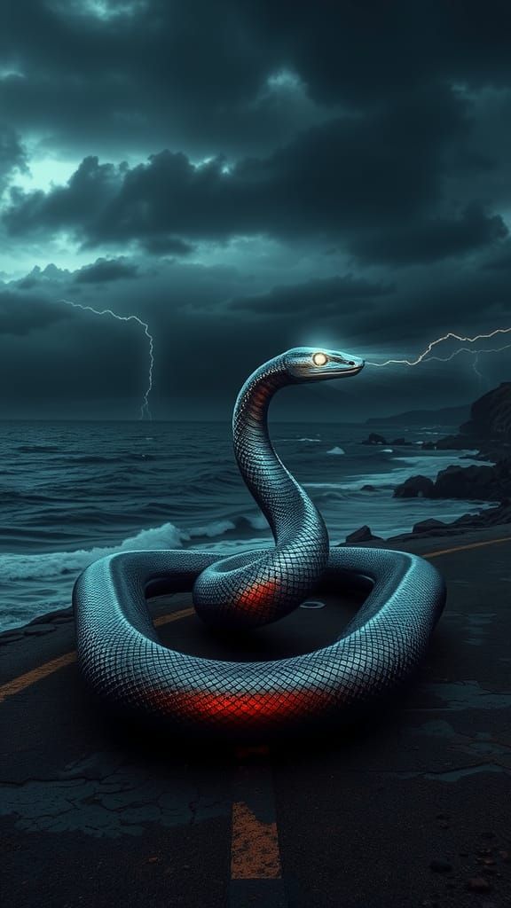 Serpent-Convertible Hybrid on Stormy Coast, in Digital Art
