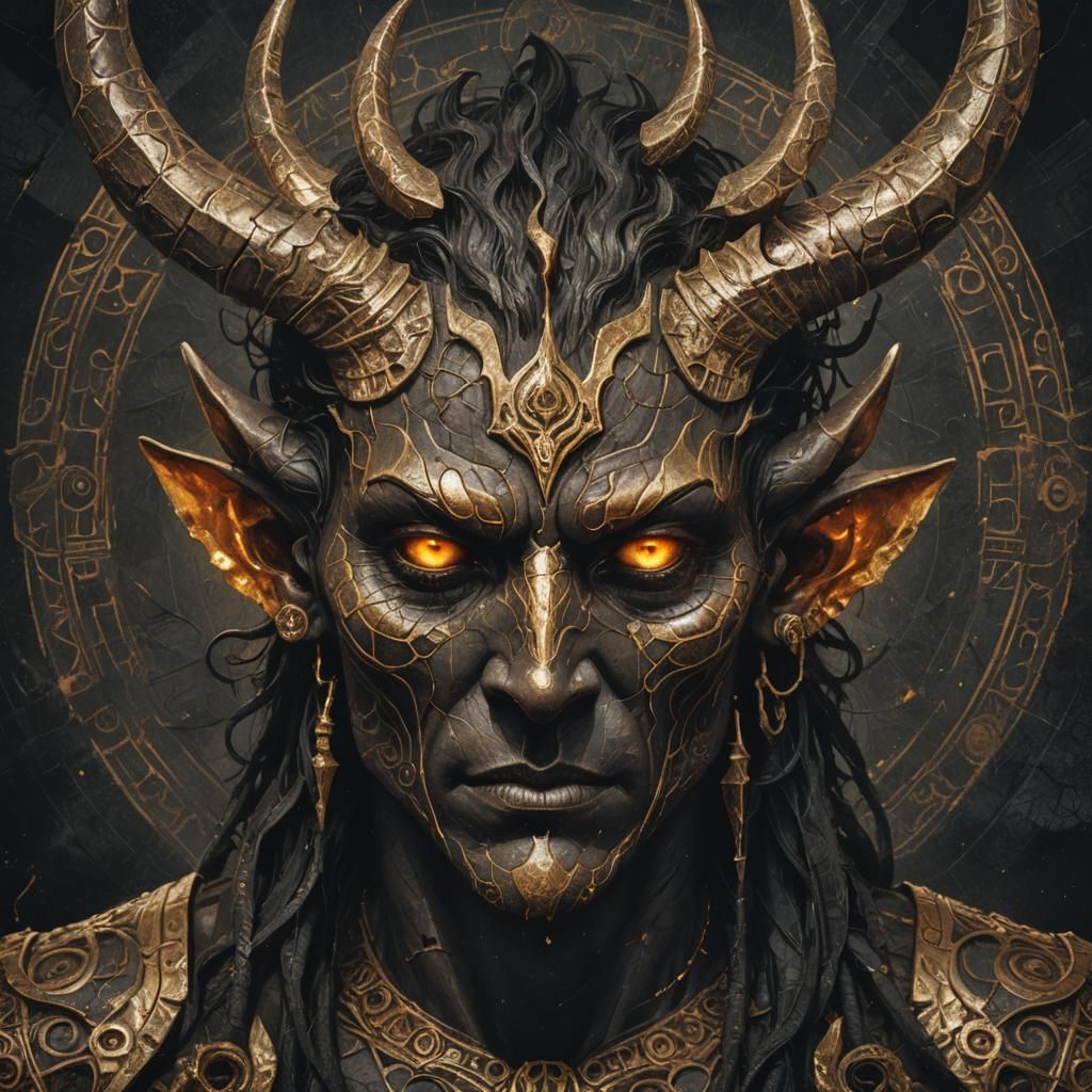 Mystical Dark Fantasy Deity with Cracked Horns