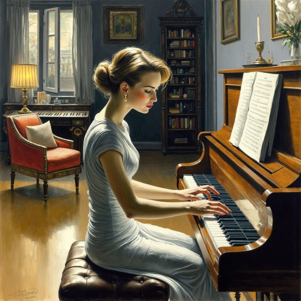 Woman Lost in Thought at the Piano in a Warm, Intimate Setti...
