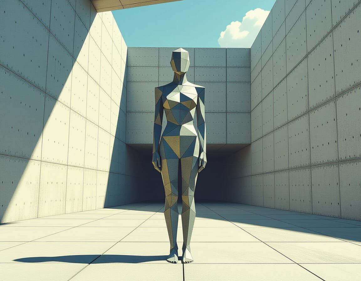 Geometric Figure in Vast Concrete Space - Brutalist Abstract...