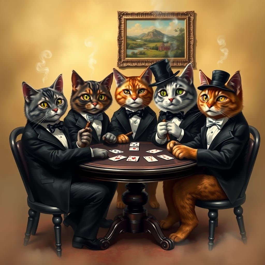 Anthropomorphic Cats Play Poker: Vintage Fantasy Scene